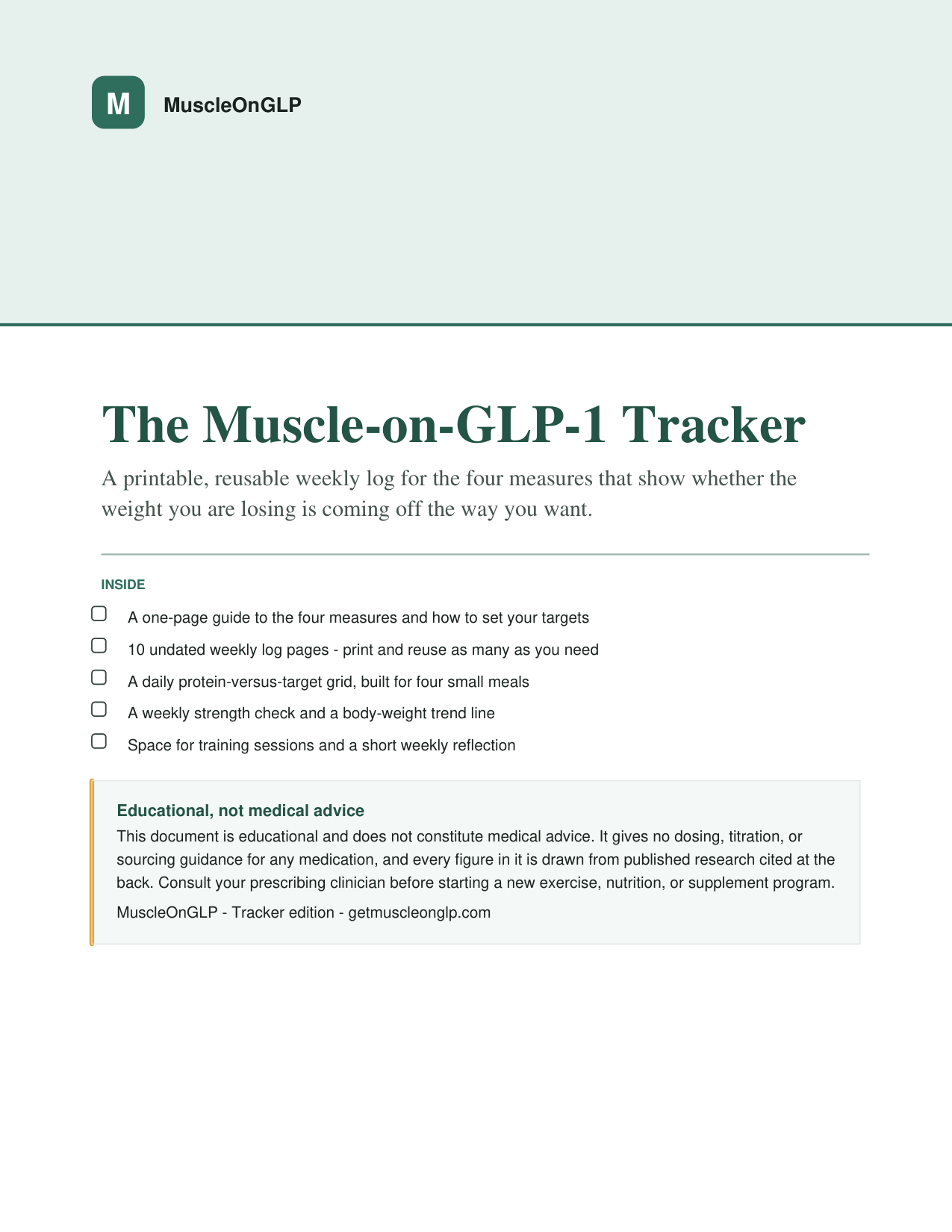 Cover of The Muscle-on-GLP-1 Tracker, a printable weekly log
