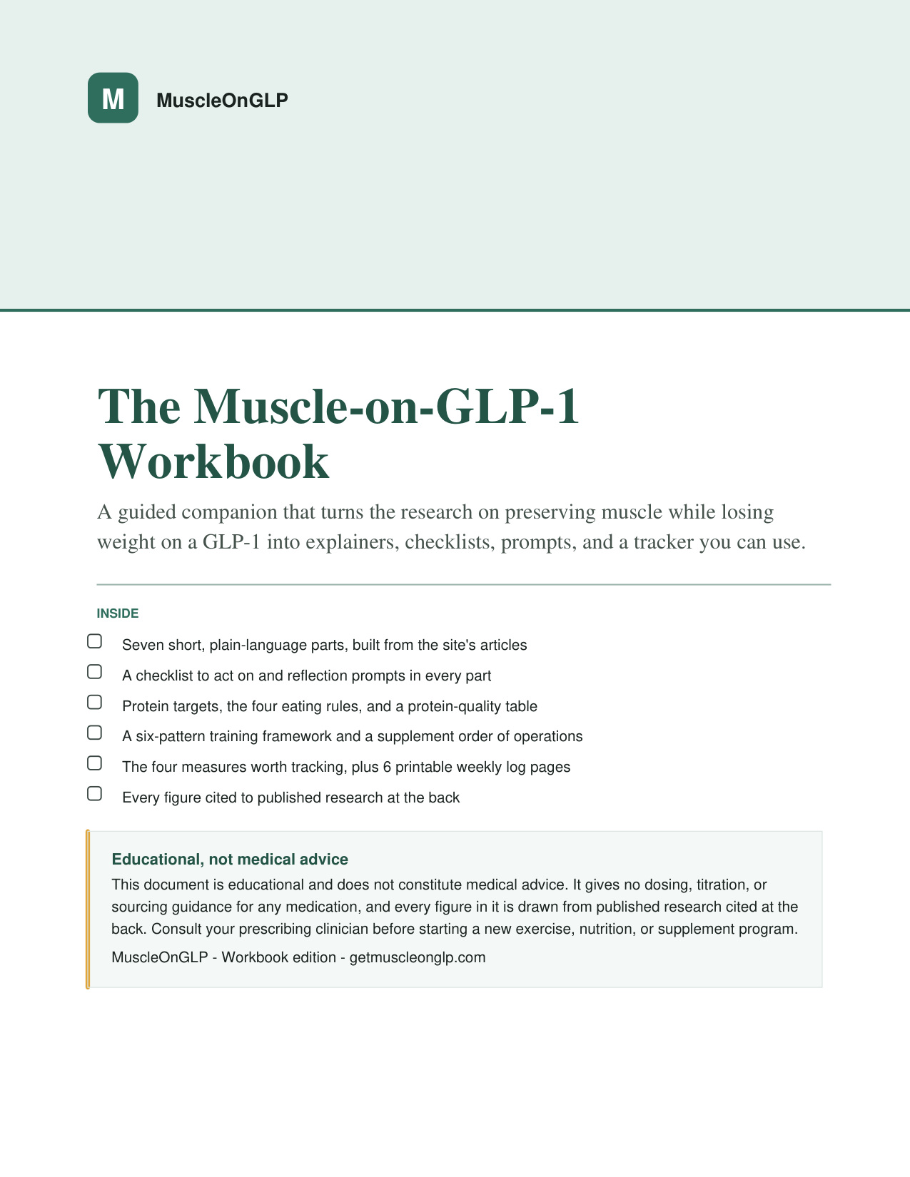 Cover of The Muscle-on-GLP-1 Workbook, a guided PDF